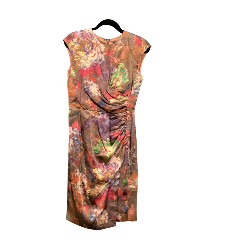 Etro Cap Sleeve multi color side ruched floral silk knee length mini dress 42